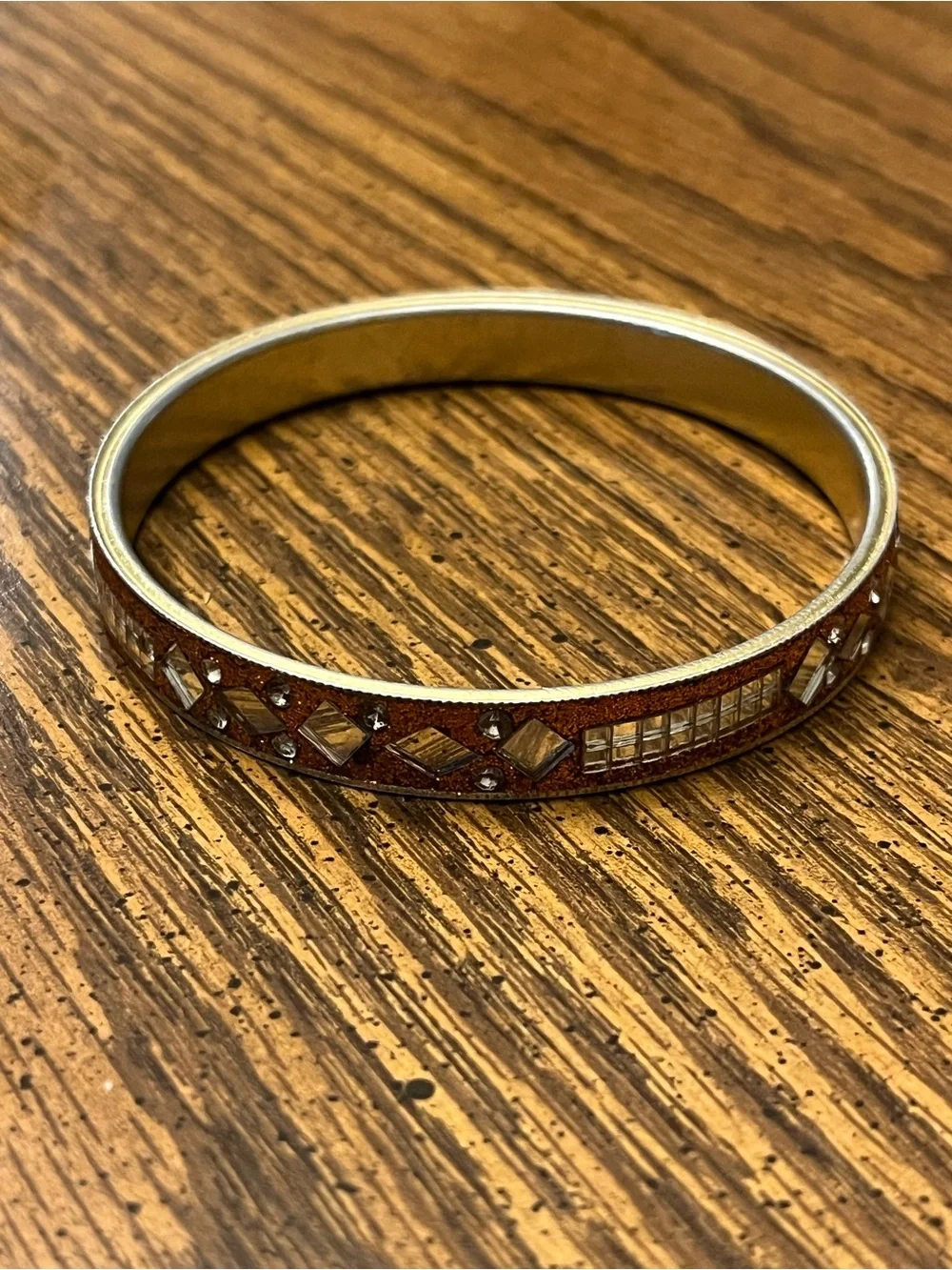 Gold-Tone Mosaic Bangle Bracelet with Silver Tile Accents
